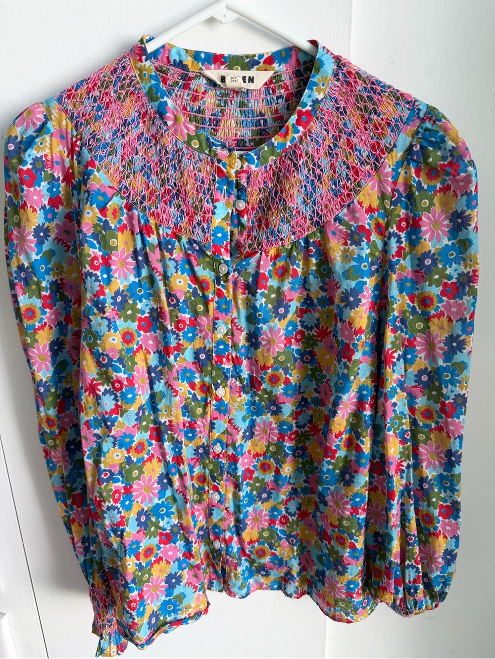 Boden Blue Pink Multi Floral Smocked Yoke Blouse